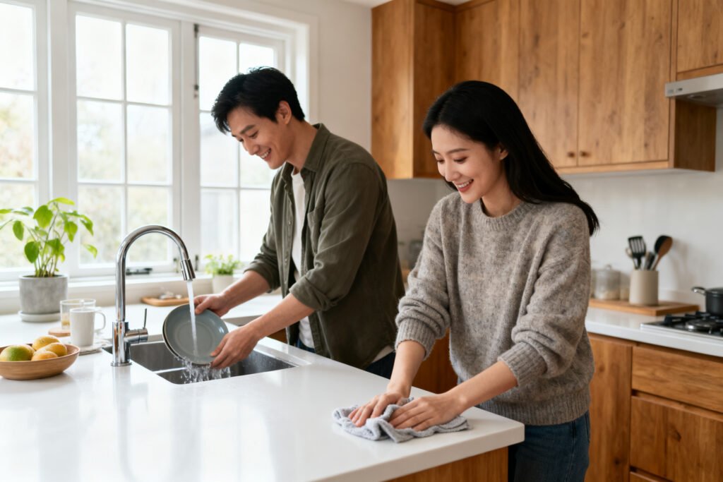 A couple connecting in a cozy kitchen