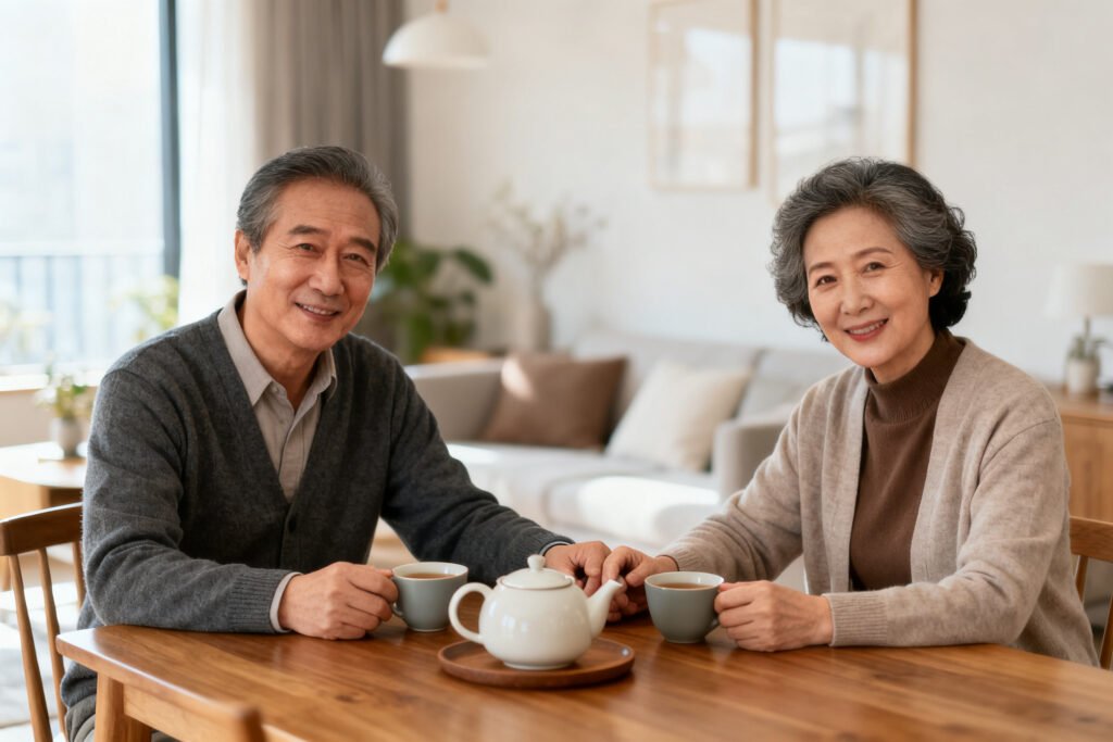 A couple sharing memories over tea