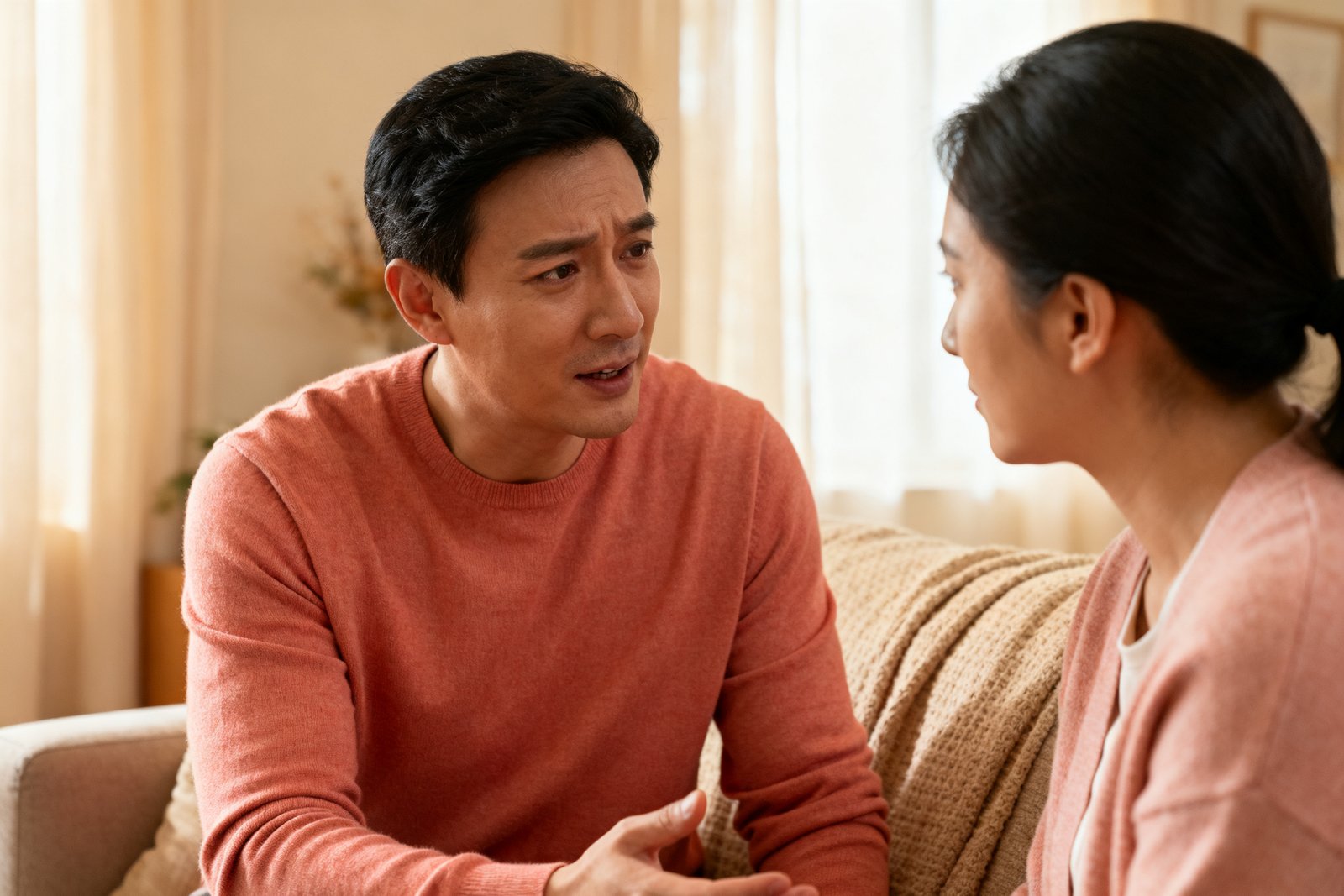 One partner speaking gently while the other listens