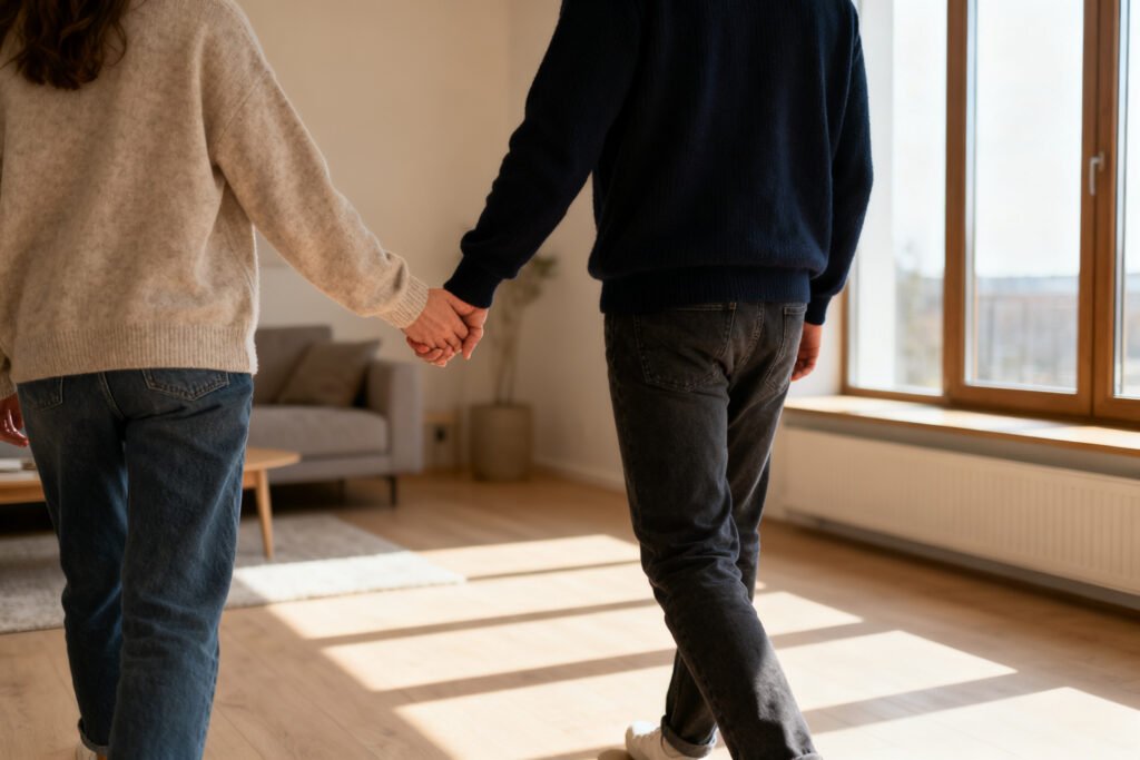 A couple holding hands on a walk