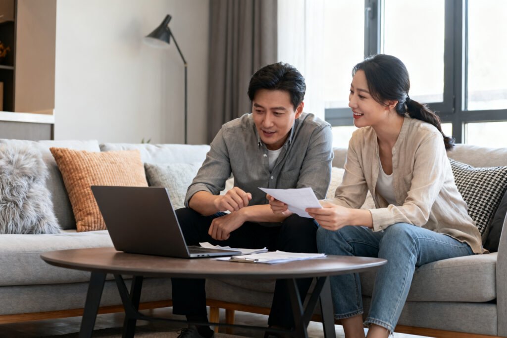 Partners discussing finances calmly