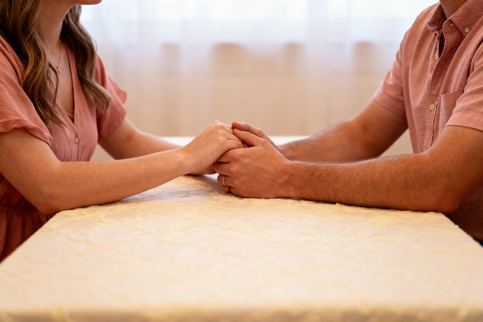 Couple holding hands in a warm, reassuring moment
