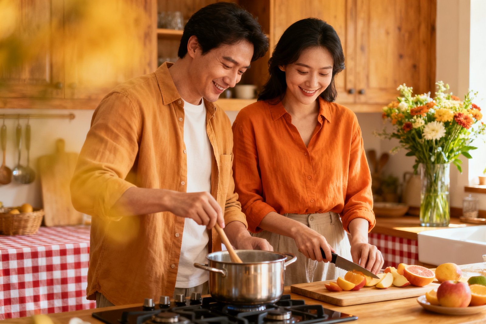 Couple making breakfast together