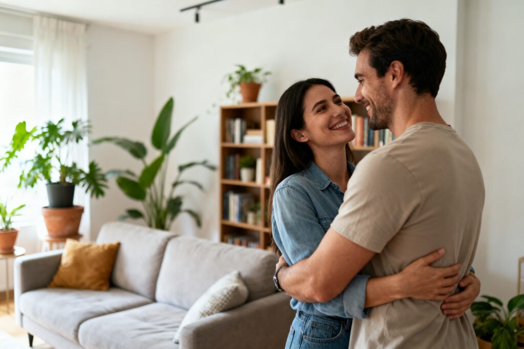 A couple reconnecting warmly
