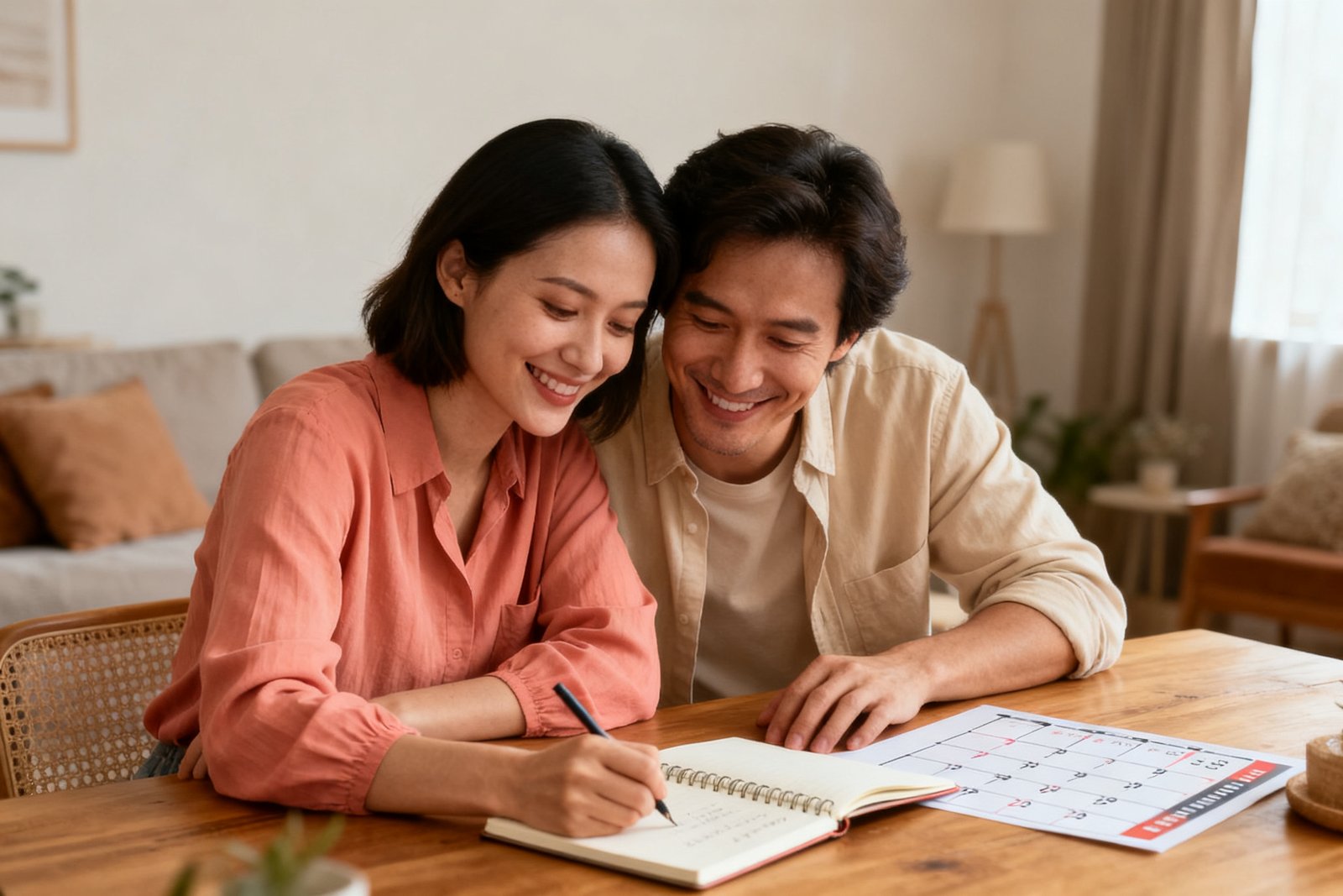 A couple planning together with a notebook and calendar