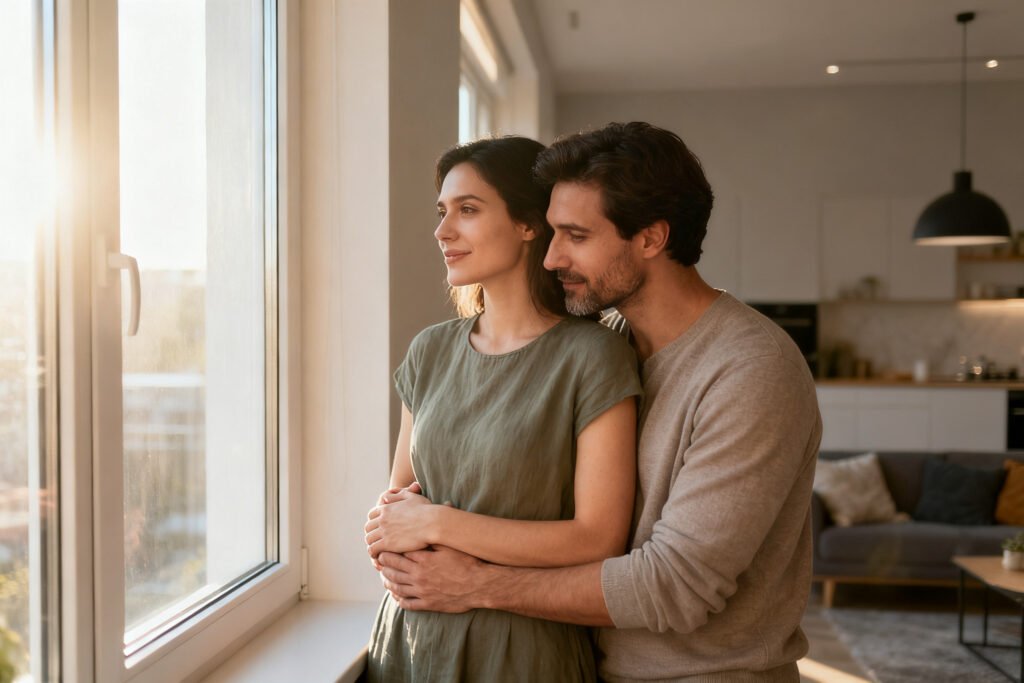 A couple together by a sunny window