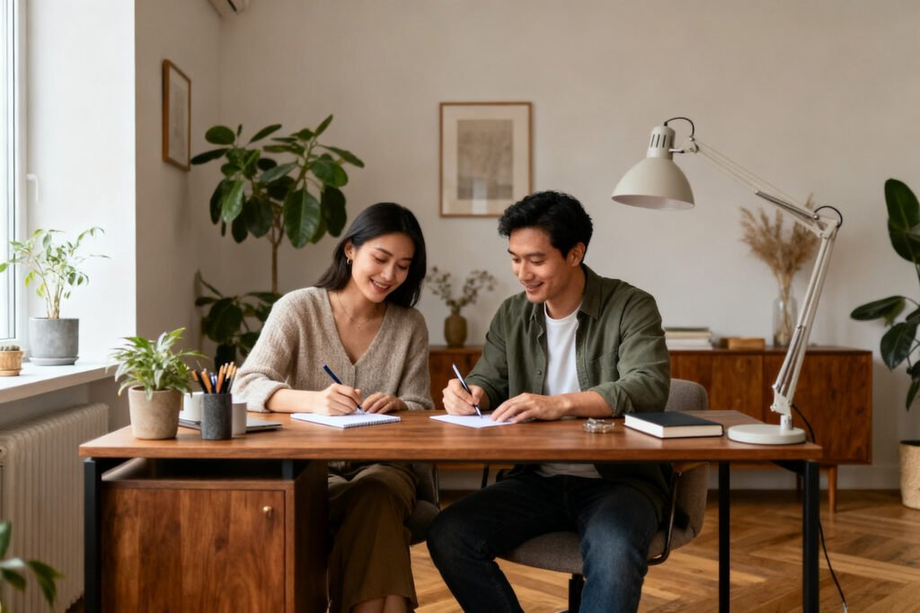 A couple writing notes for each other