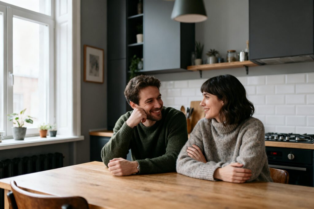 A couple connecting in a cozy kitchen