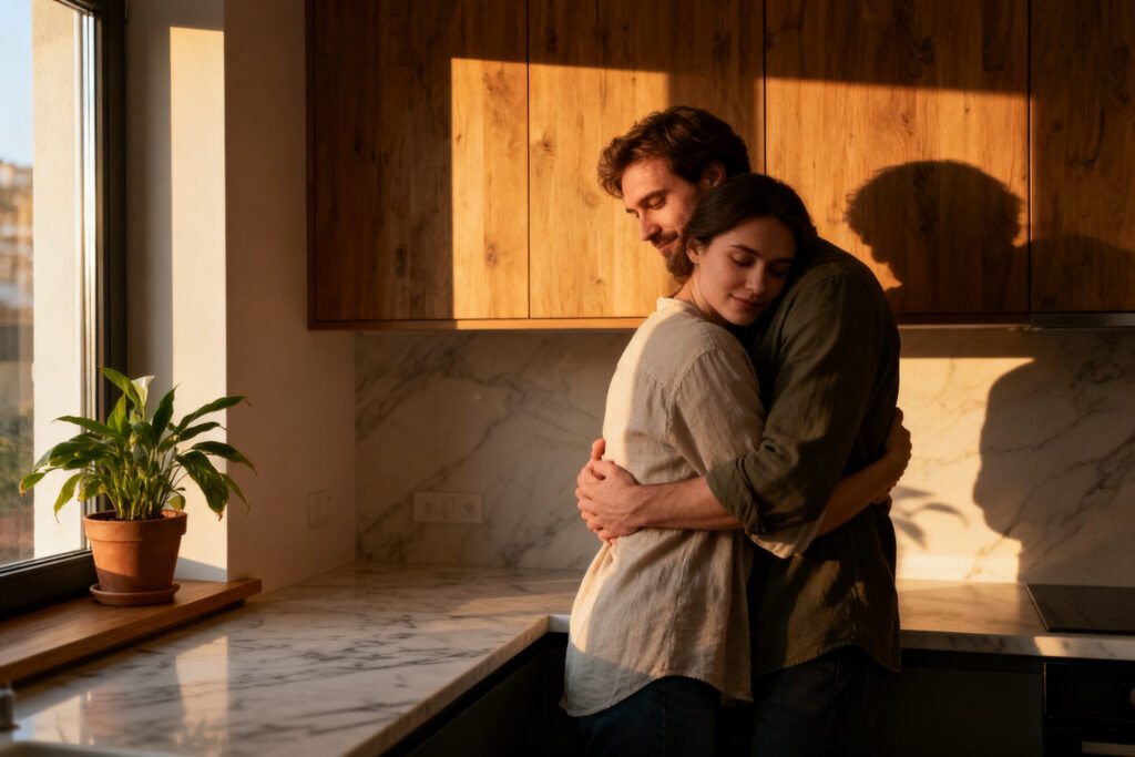 A couple connecting in a cozy kitchen