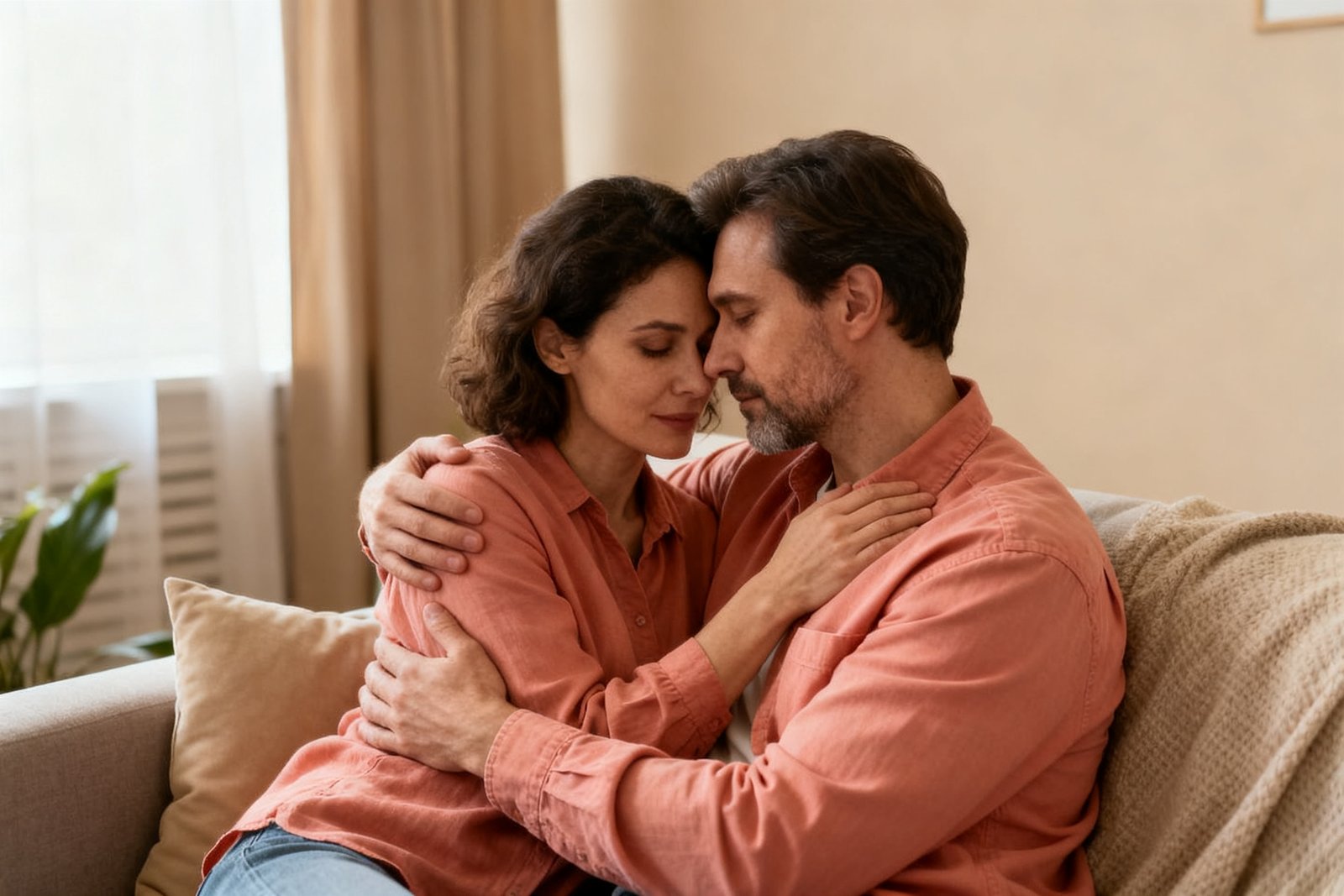 A couple reconnecting with a gentle hug on the sofa