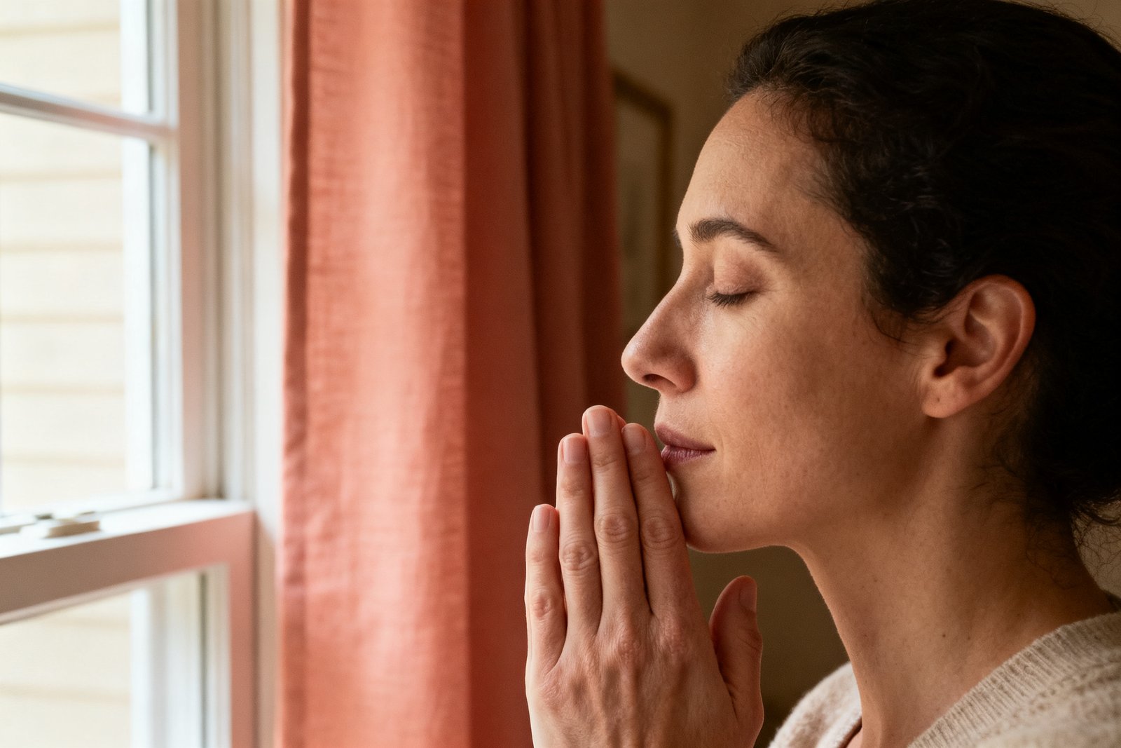 A person taking a calming breath by a window