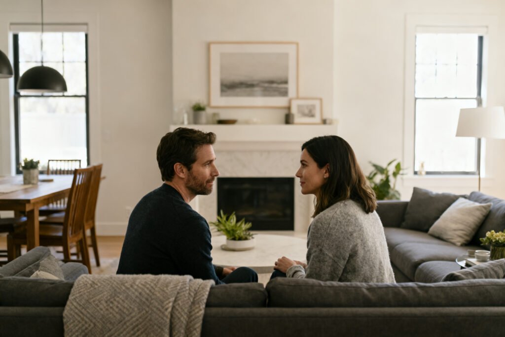 A couple facing each other calmly