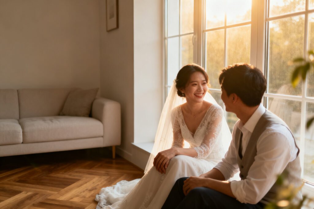 A couple together by a sunny window