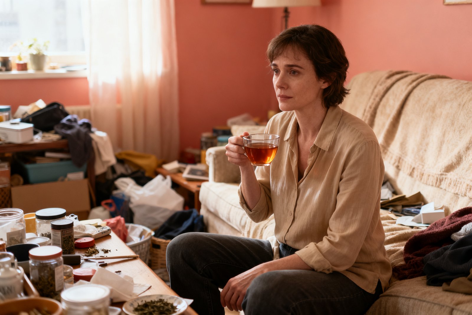 A person pausing calmly with a cup of tea