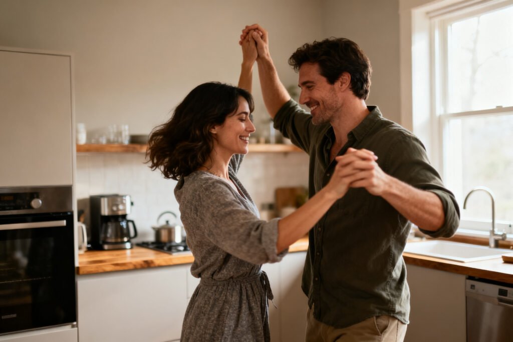 A couple dancing in the kitchen