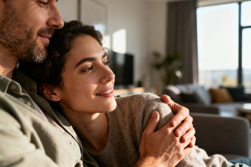 A couple together by a sunny window