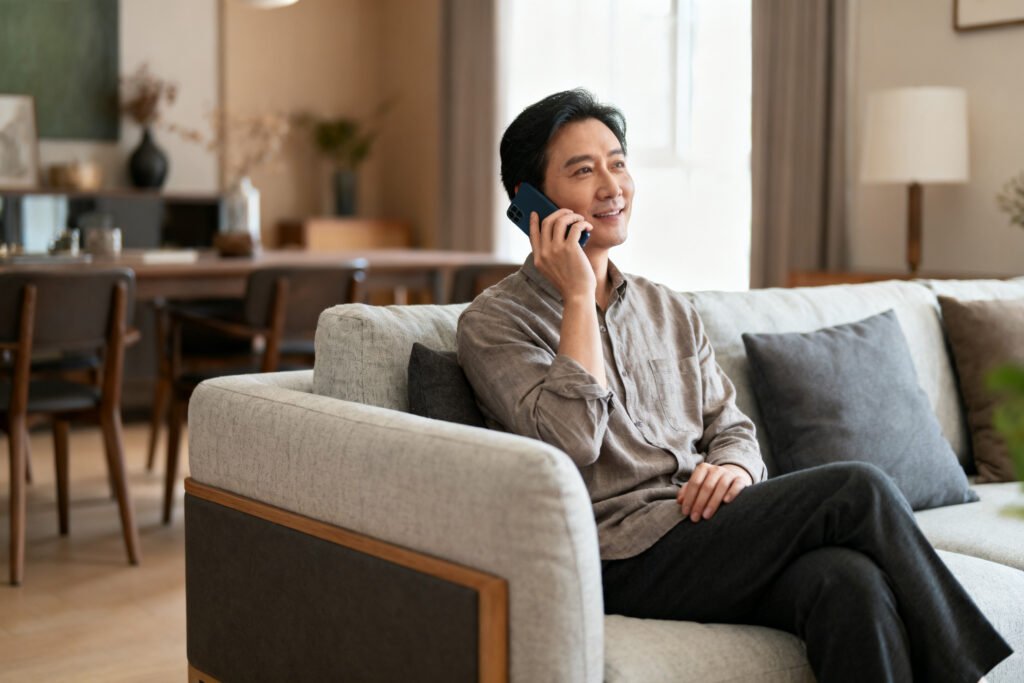 A calm phone conversation at home