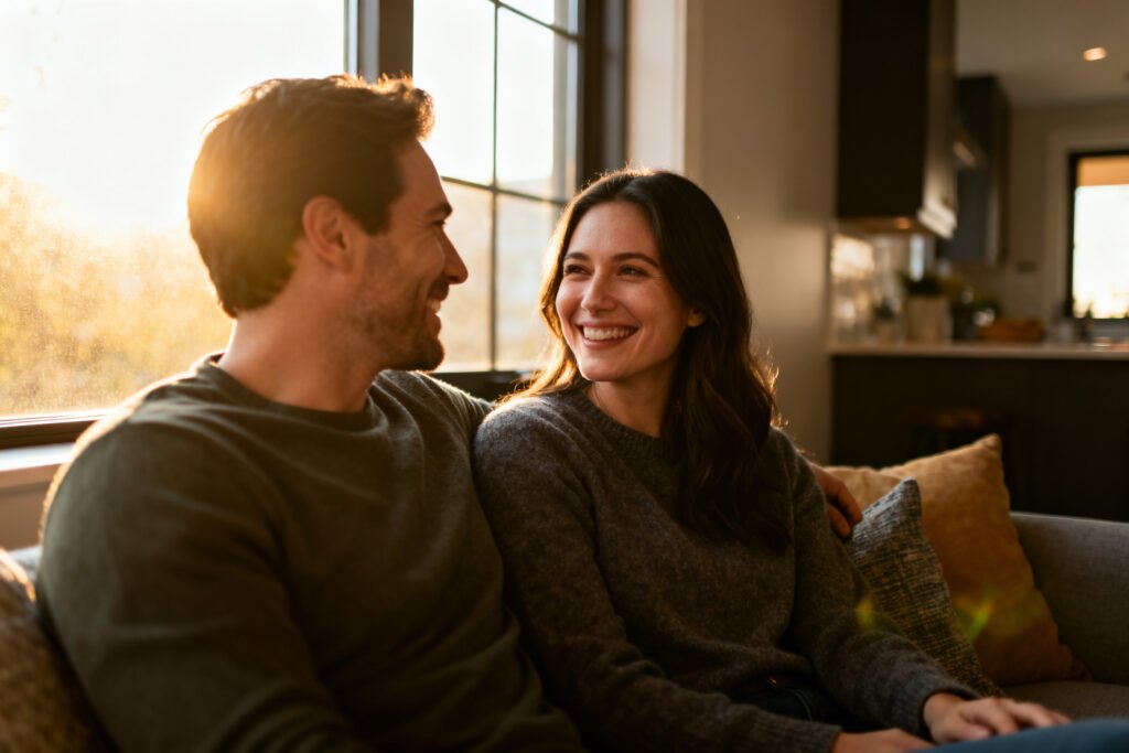 A couple together by a sunny window