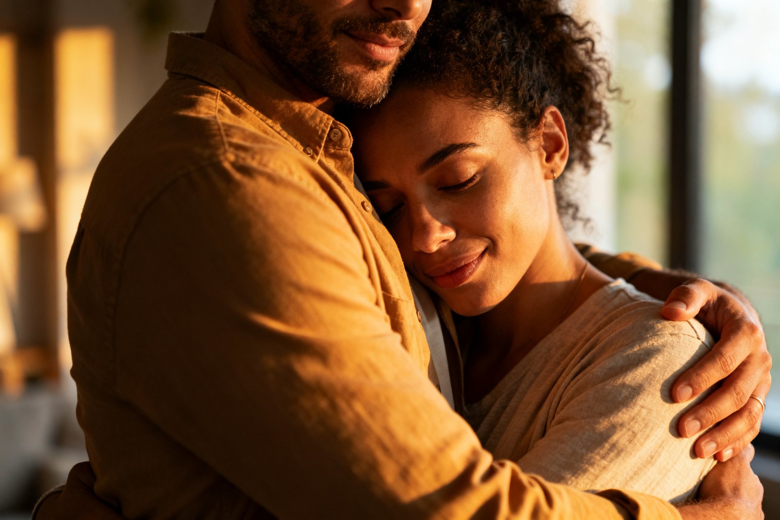 Couple sharing a reassuring hug after talking