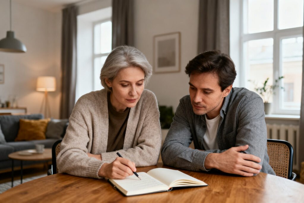 A couple planning together with a notebook