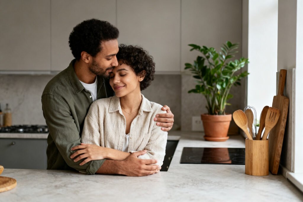 A couple connecting in a cozy kitchen