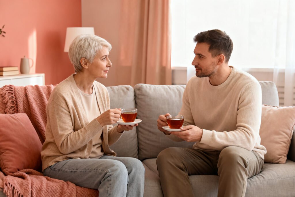A couple doing a short daily check-in over tea