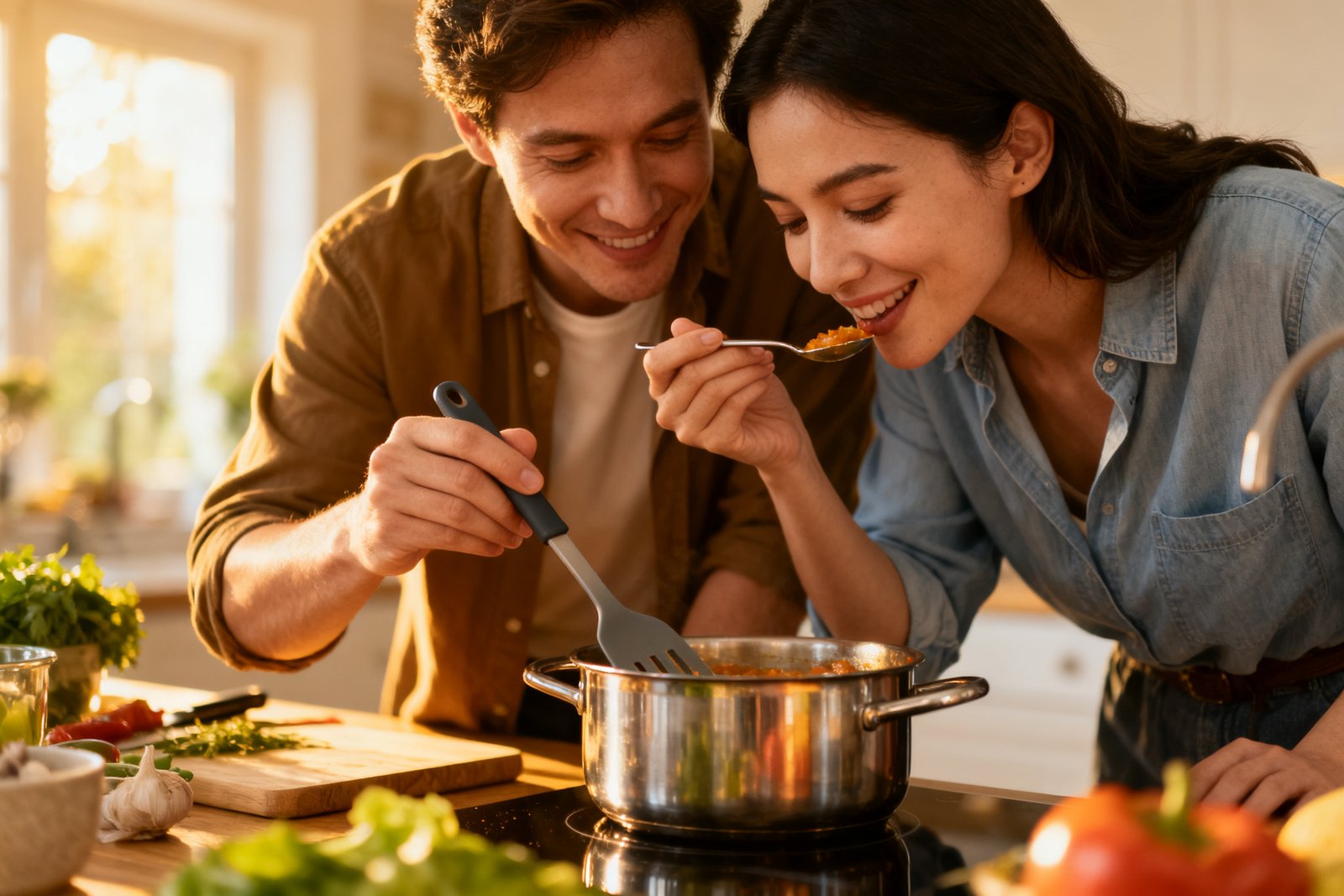 Couple cooking together as friends