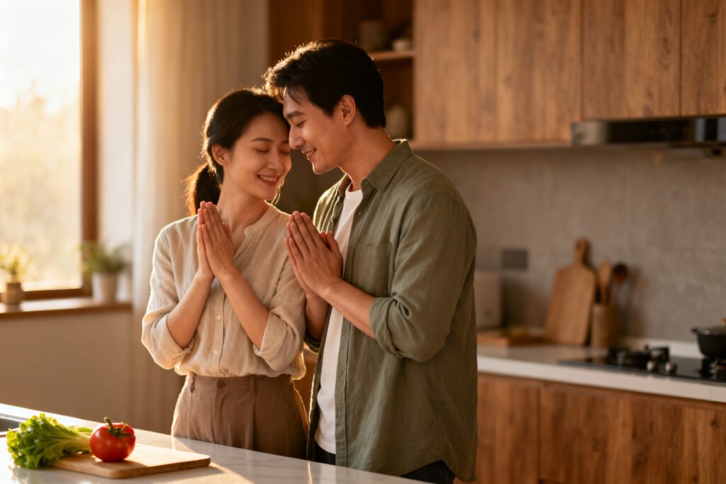 A couple connecting in a cozy kitchen
