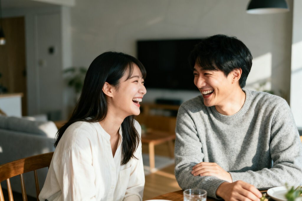 A couple laughing on a date