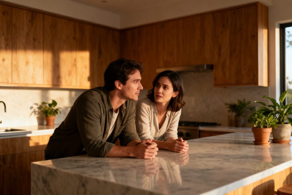 A couple connecting in a cozy kitchen