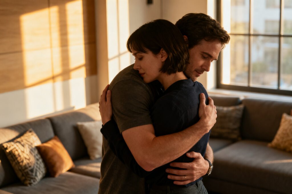 A couple hugging in a cozy living room