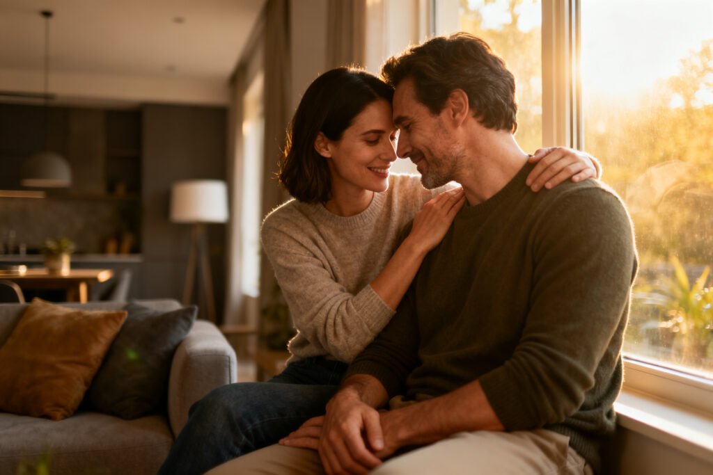 A couple together by a sunny window