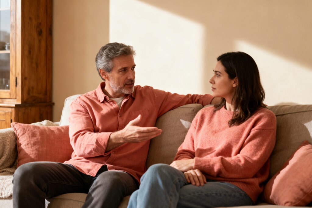One partner gently bringing something up during a calm talk