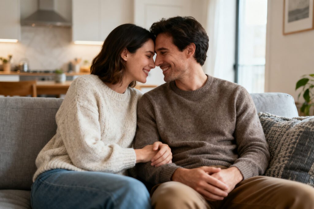 A couple sharing a close, warm moment