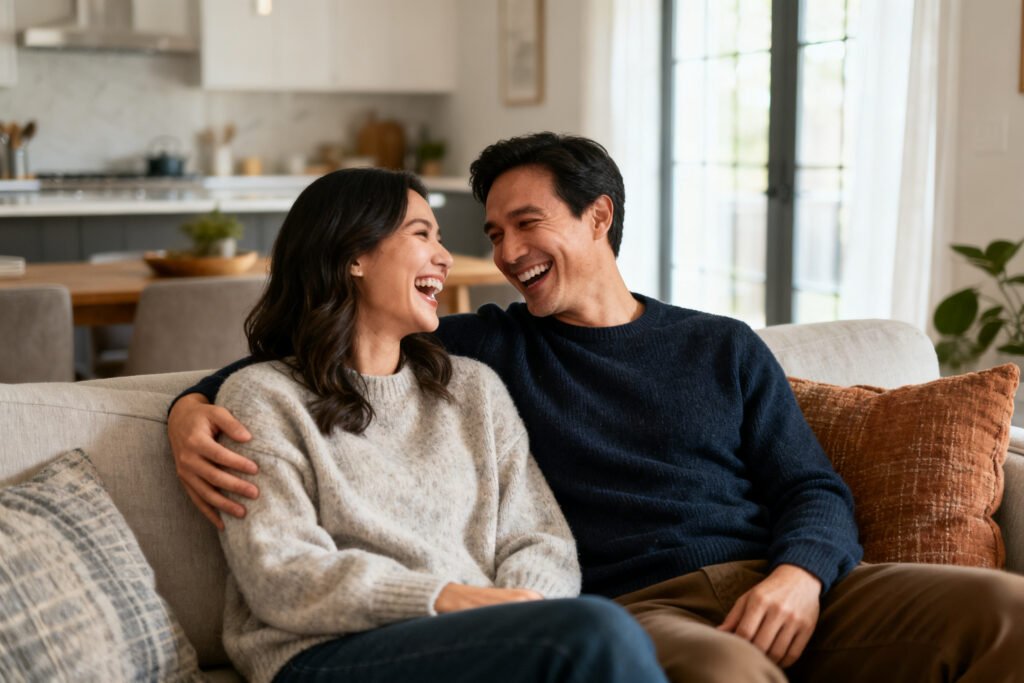 A couple laughing together on a sofa