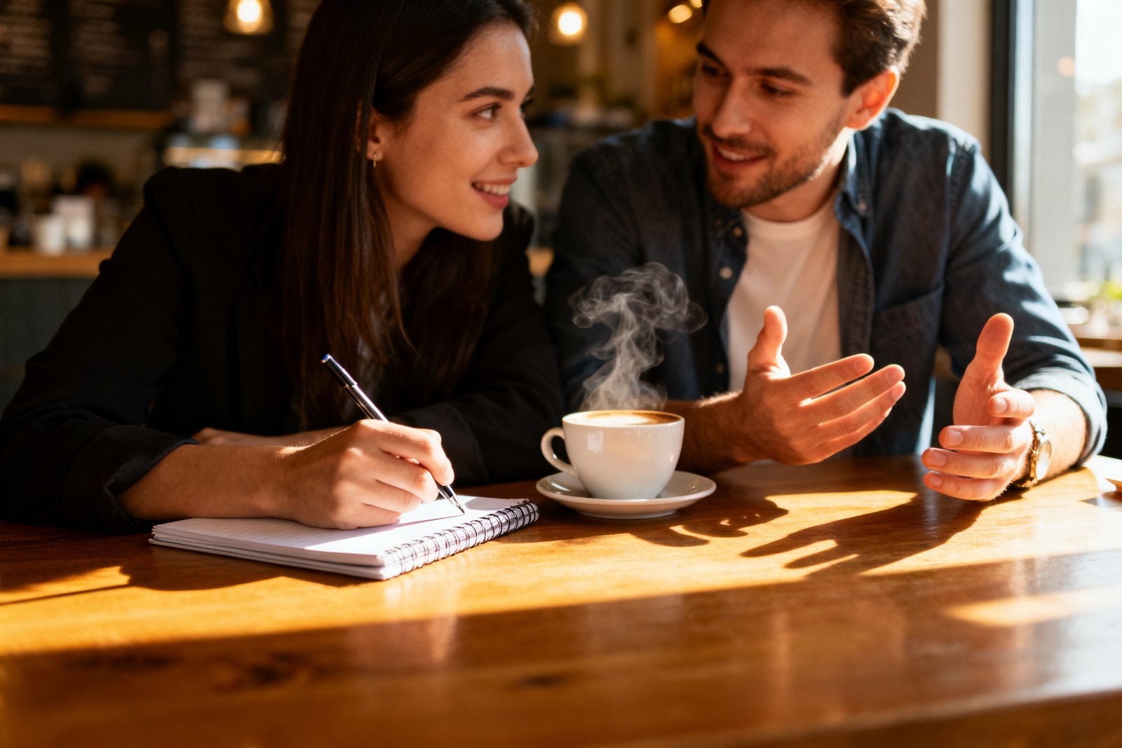 Couple discussing check-in questions over coffee