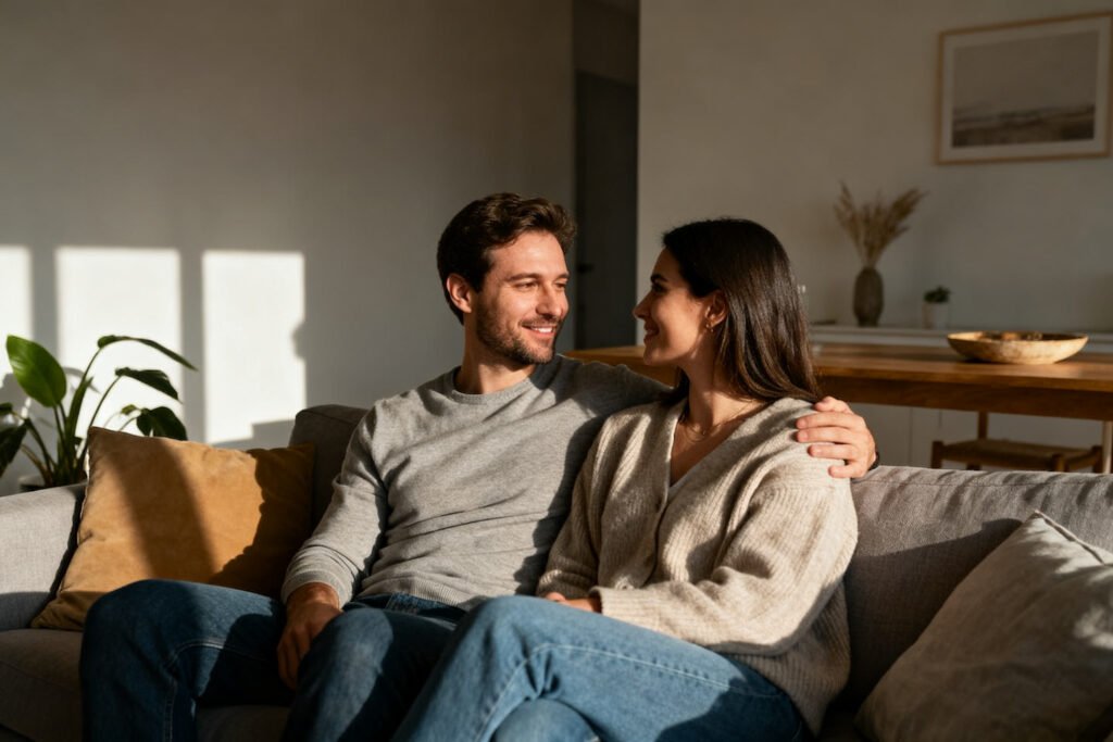 A couple sharing a close, warm moment