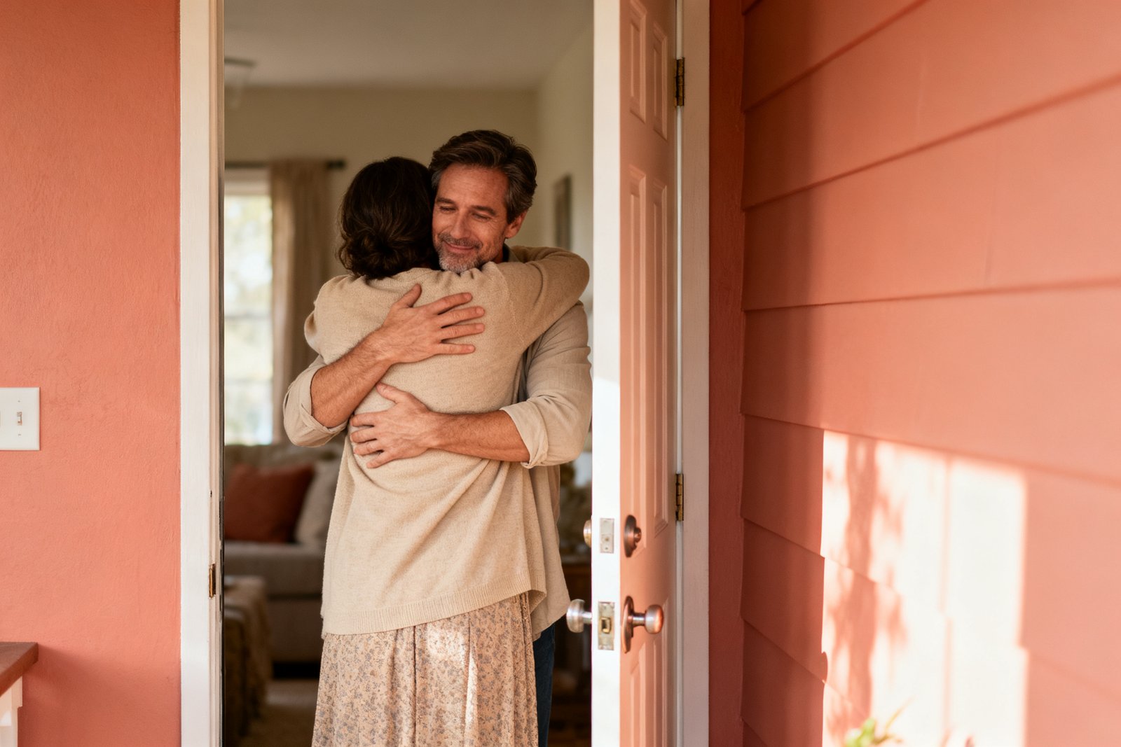 A couple hugging warmly at the front door