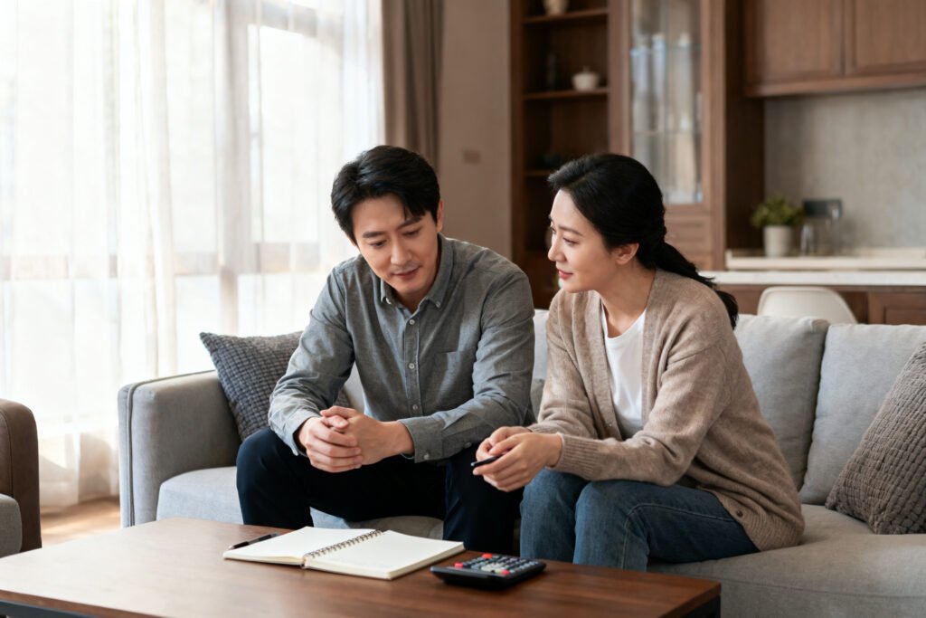 A couple discussing plans with a notebook