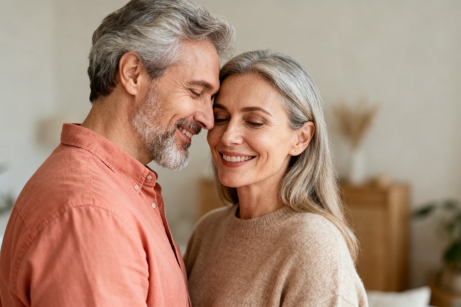 A couple smiling in a warm, connected moment