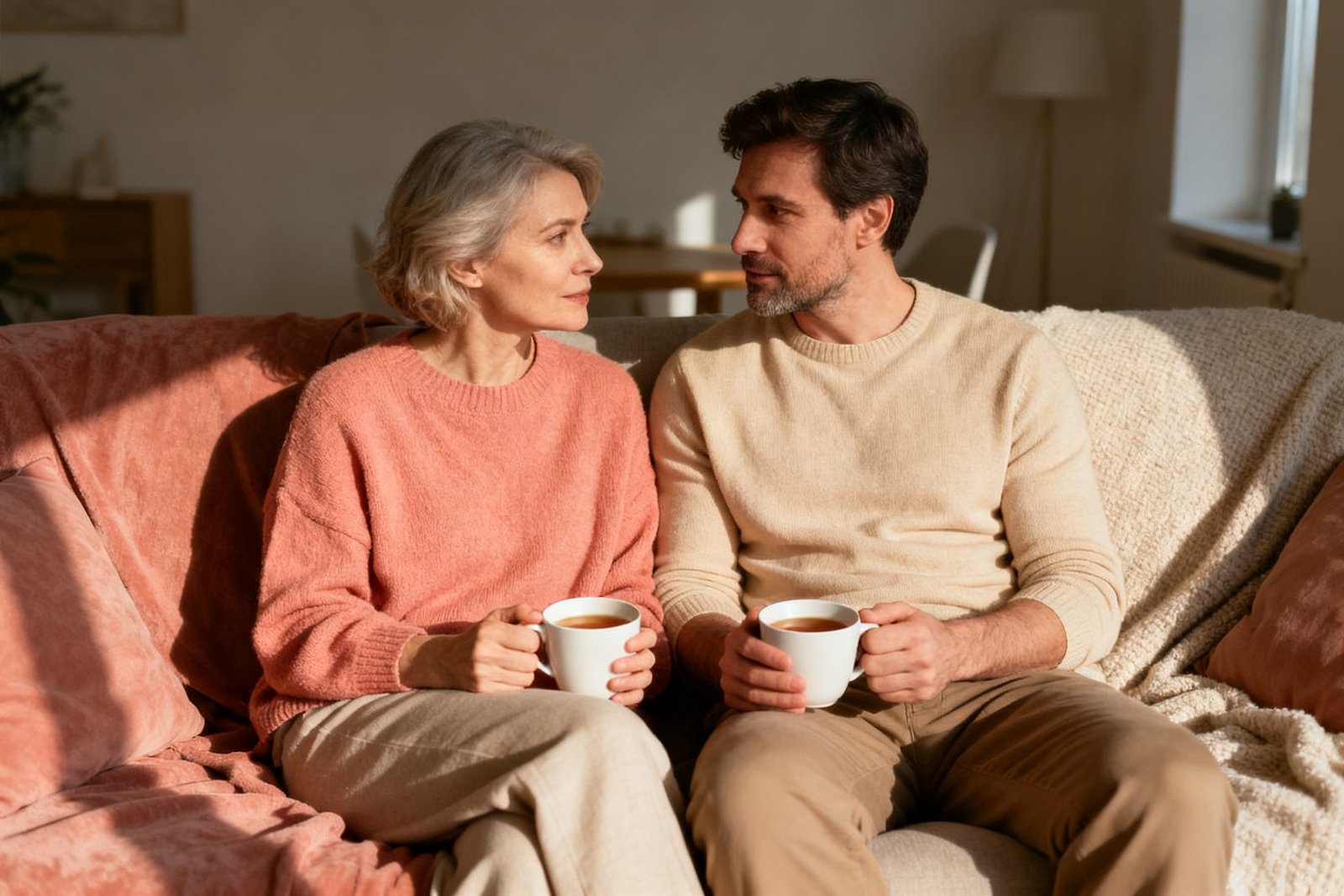 A couple sharing a relaxed talk over tea
