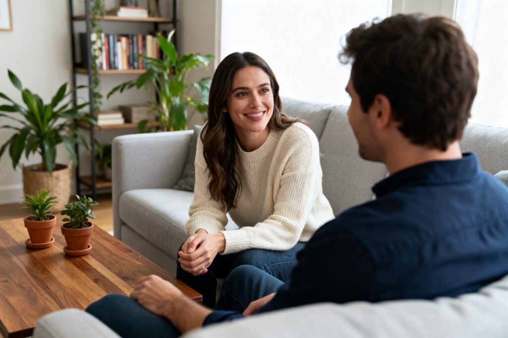 A couple in a relaxed conversation