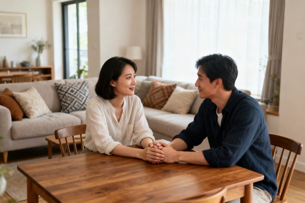A couple holding hands during a conversation