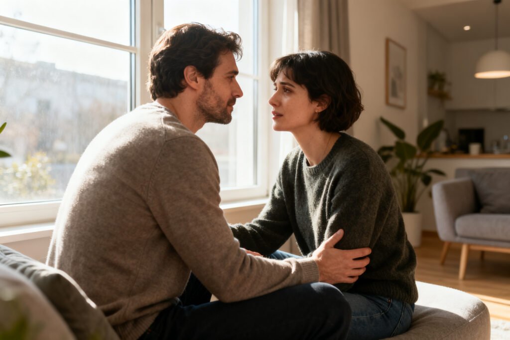 A couple together by a sunny window
