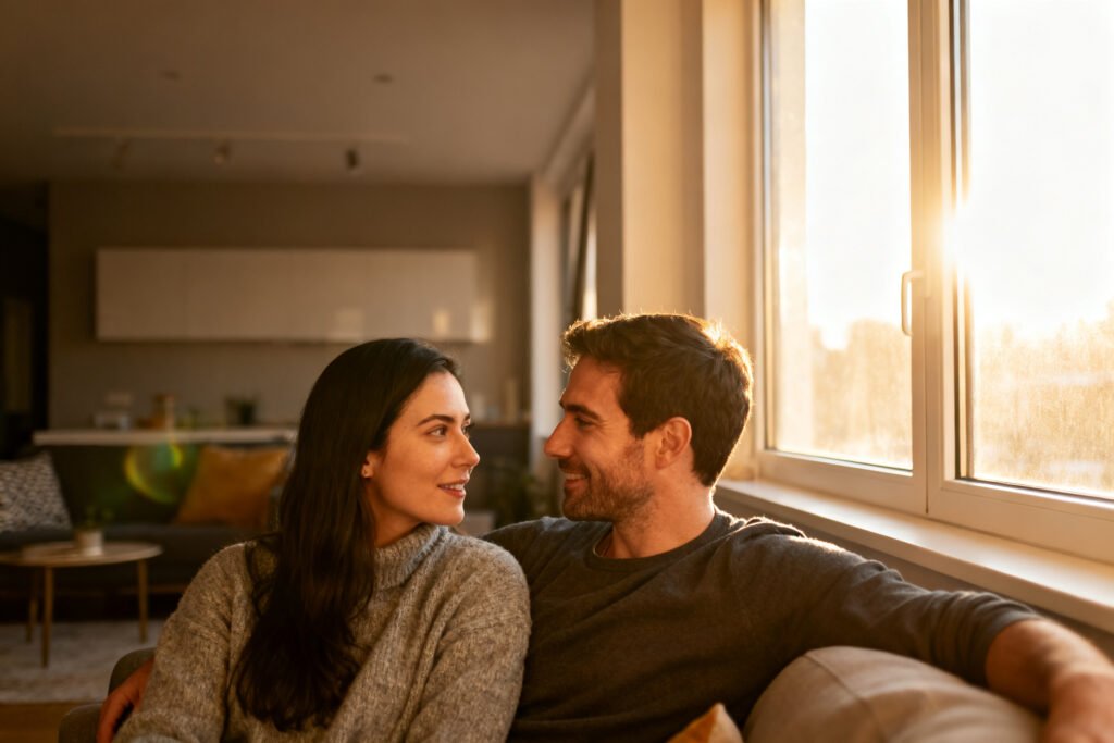 A couple together by a sunny window