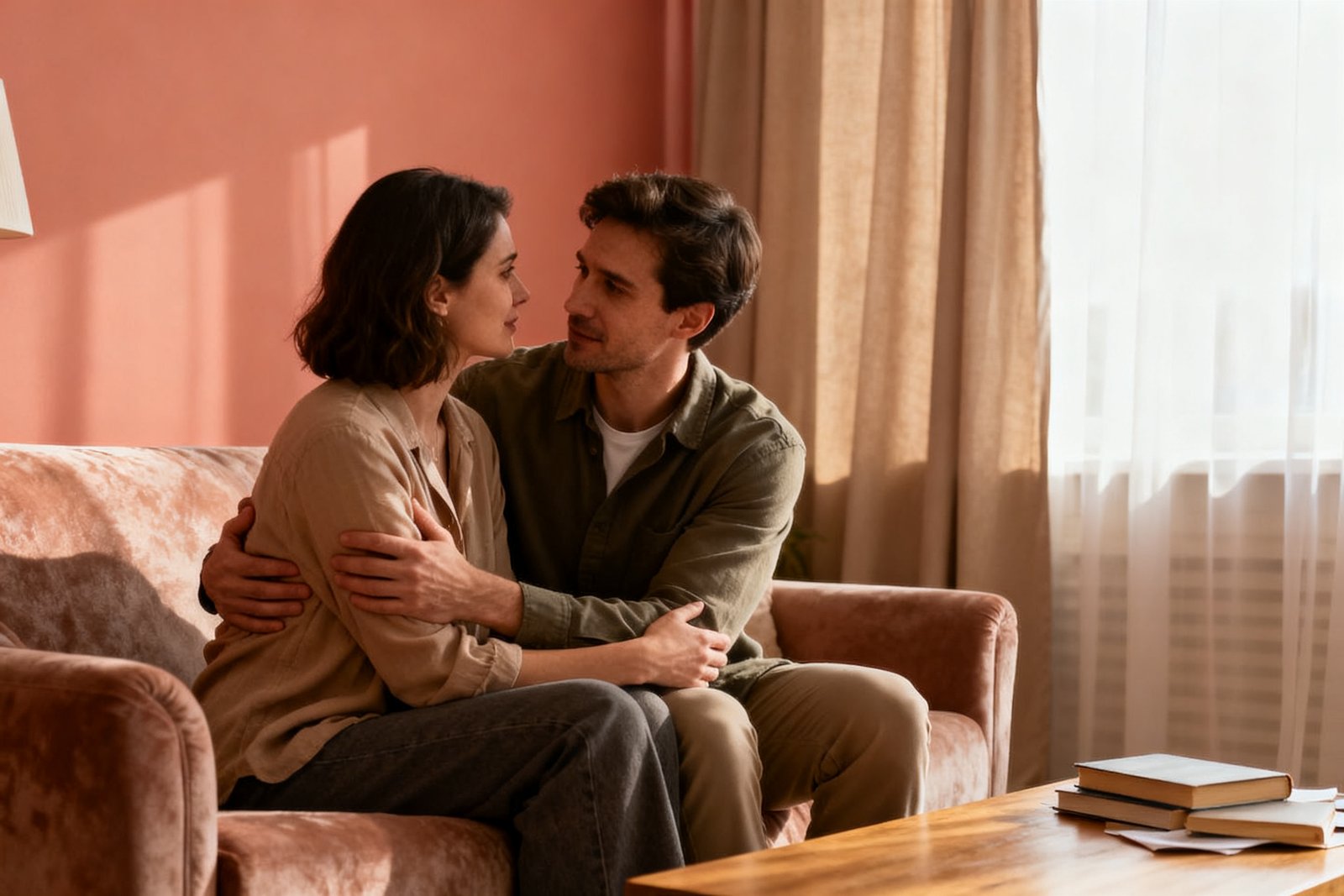 A couple reaching understanding, warm and relieved