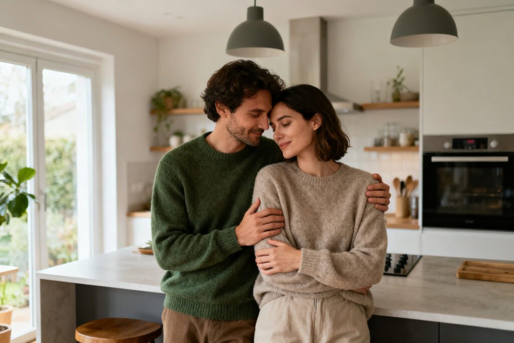 A couple connecting in a cozy kitchen