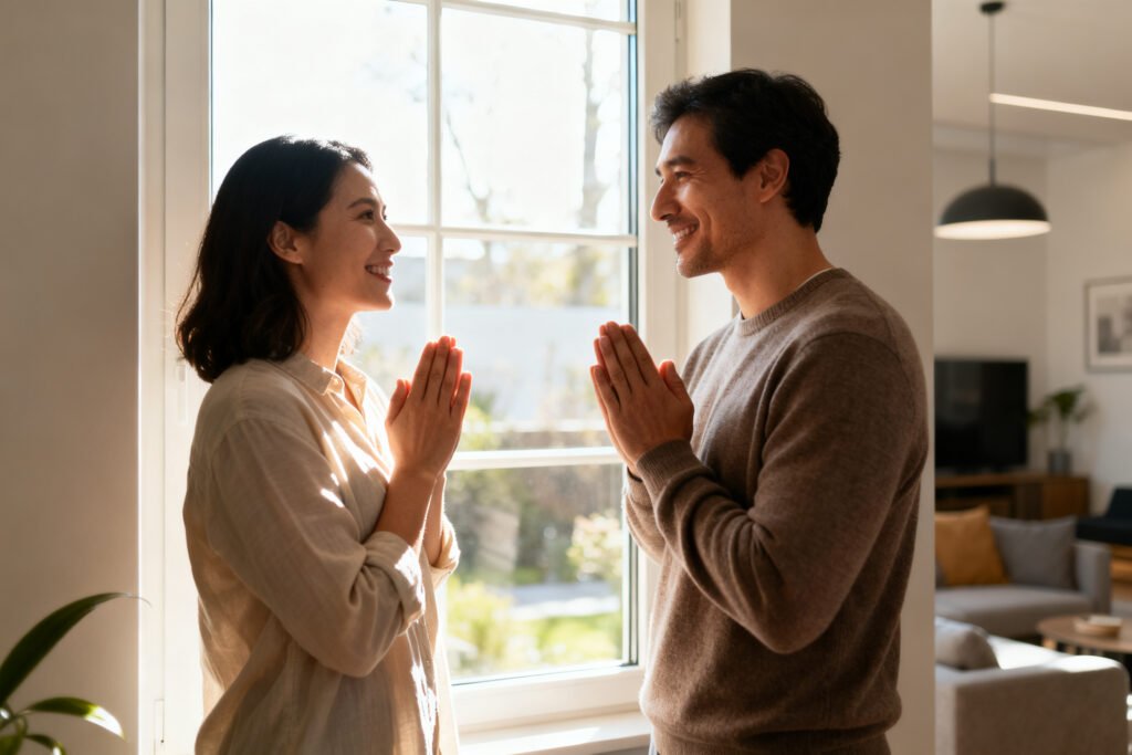 A couple together by a sunny window