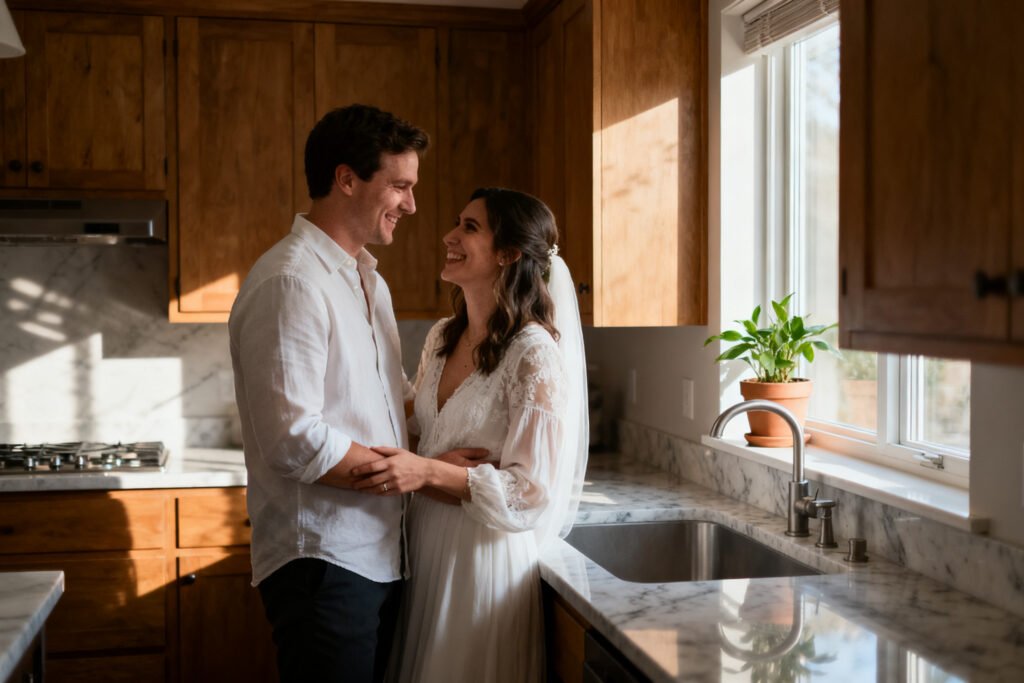 A couple connecting in a cozy kitchen