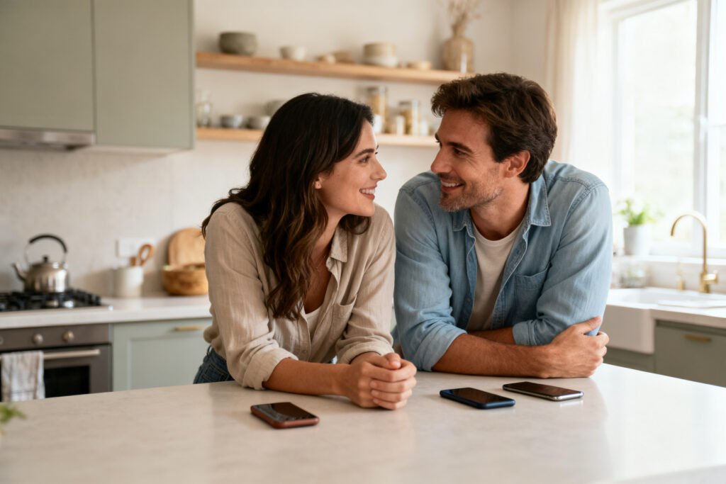 A couple connecting in a cozy kitchen